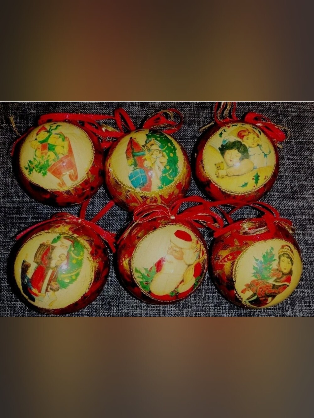 Vtg Papier Mache Lot of 6 CHRISTMAS BALLS Victorian Children Santa Beautiful!